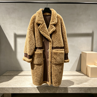 Manteau mi-mollet en peau de mouton pour femme, automne-hiver, camel, avec revers en cuir contrastant, double boutonnage, style décontracté, long blazer