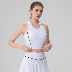Set 2 potong pakaian tenis untuk wanita, Set rok Padel Golf kerah lipat motif garis warna kontras, Set pakaian tenis menyerap keringat - Product Image 5