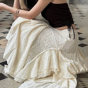 Bohemian Lace Tiered <b>Skirt</b>-Women's <b>A</b>-<b>Line</b> Midi Asymmetrical Ruffle Raw Hem Natural Waist Eco-Friendly Vacation Pure Desire Style - Product Image 4