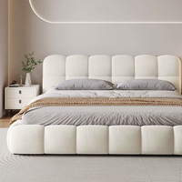 Ensemble de lit king-size moderne en bois, écologique, durable, avec cadre en bois, design rembourré, tissu blanc crème, garantie de 3 ans