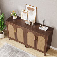 Buffet moderne de 59 pouces avec portes en rotin, meuble de rangement à 4 portes pour salle à manger et salon