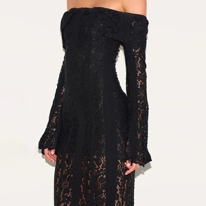 Vestido Maxi Negro de Encaje con Hombros Descubiertos, Estilo Gótico Sexy, Ropa Personalizada de Fábrica Wisrise para <span class=keywords><strong>Mujer</strong></span> - Product Image 4