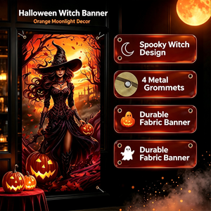 Housse de porte d'Halloween en polyester, motif sorcière, citrouille effrayante, corbeau, château et coucher de soleil, pour porte d'entrée, décoration de fête maison hantée - Product Image 2