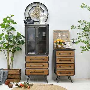 Vintage Kitchen Wood Metal Chest Of Drawers Sideboard Accents Industrial Furniture Wooden Display Glass Door Storage Cabinets