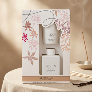 Aikun Low MOQ Custom 75ml White Sticker Label Logo Floral Window Box <b>Reed</b> <b>Diffuser</b> And 80g Scented Candle Gift Set <b>For</b> Boutique - Product Image 1