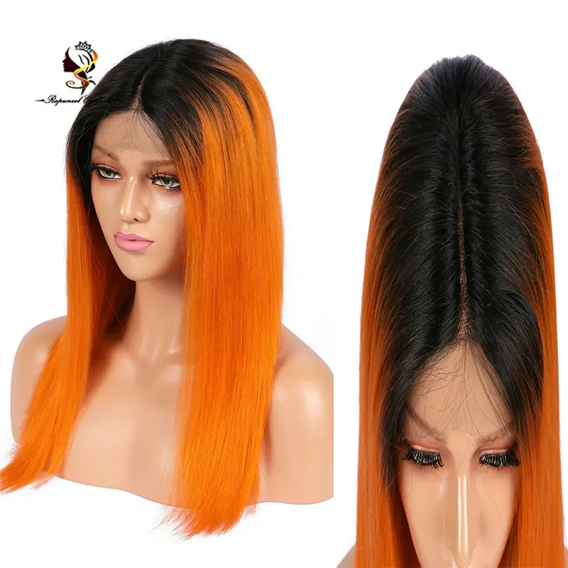 Fashion Long Silky Straight Orange Hand Tied 1B Black Ombre Orange Color Full Lace Human Hair Wig