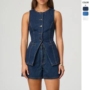 2025 avrupa amerikan Vintage stil kolsuz yüksek bel gevşek Denim şort kadın Denim Suit - Product Image 1