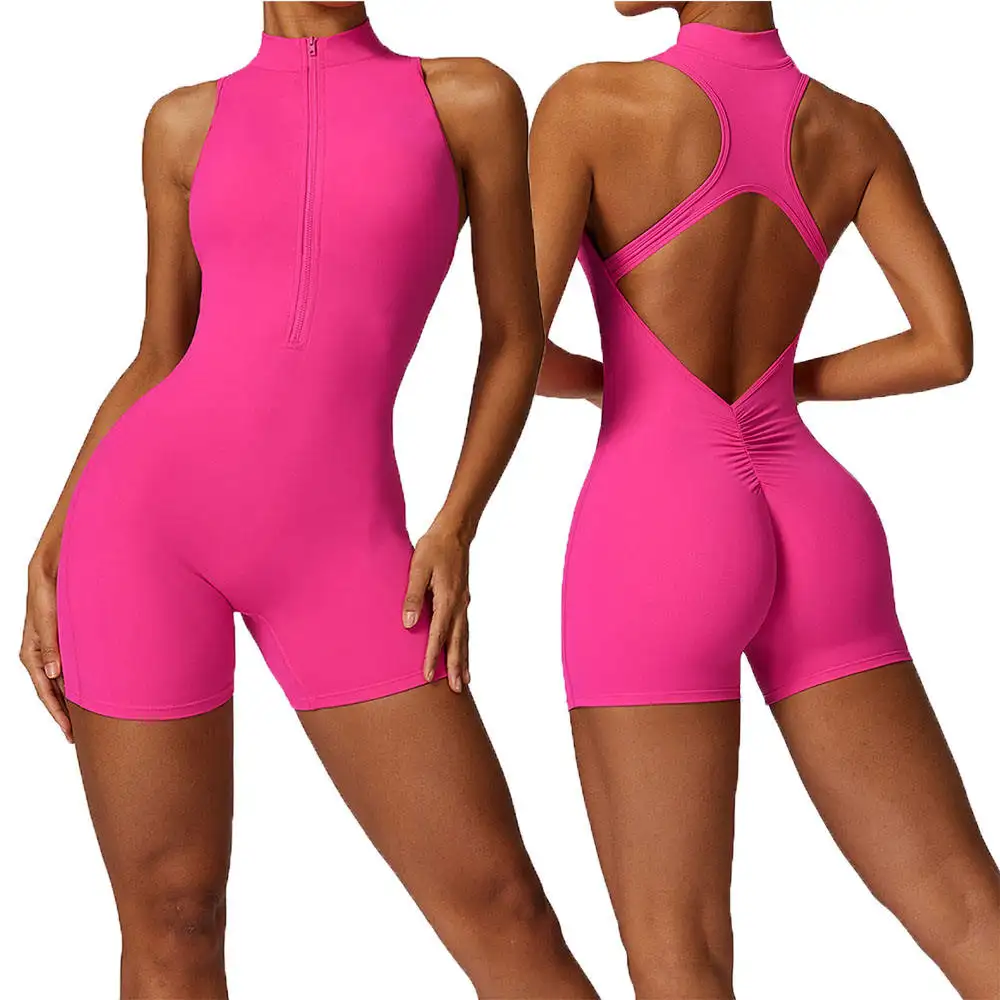 2024 Nieuws Vrouwen Mouwloze Sport Romper Uitgehold Rug Rits Sexy Korte Gym Bodysuit Sneldrogend Fitness Yoga Jumpsuits