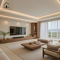 Meuble TV moderne sur mesure XINGRUO pour salon avec rangement en grain de noyer, étagères ouvertes et armoire haute