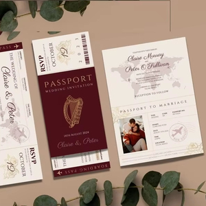Cartes d'invitation créatives sur le thème du <span class=keywords><strong>voyage</strong></span> et du passeport pour <span class=keywords><strong>mariage</strong></span>, fiançailles, avec suite RSVP en forme de passeport - Product Image 1
