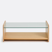 Table basse rectangulaire moderne à 2 niveaux en verre trempé avec étagère de rangement en placage de chêne, montage facile pour salon et hôtel