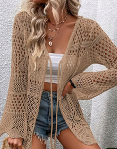 Cárdigan de punto calado para mujer, manga larga acampanada, con lazo frontal, estilo abierto, para playa, venta al por mayor - Product Image 6