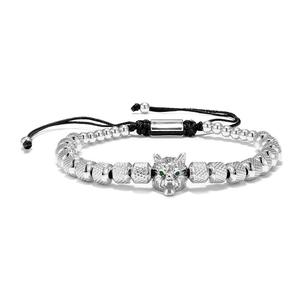 Pulsera <span class=keywords><strong>de</strong></span> Lujo con Cuentas <span class=keywords><strong>de</strong></span> Cabeza <span class=keywords><strong>de</strong></span> Lobo y Corona <span class=keywords><strong>de</strong></span> Rey, Chapada en <span class=keywords><strong>Oro</strong></span> <span class=keywords><strong>de</strong></span> 18K, Acero Inoxidable, Micro Pavé <span class=keywords><strong>de</strong></span> Circonitas Cúbicas, Estilo Macramé, Unisex, Moderna - Product Image 2