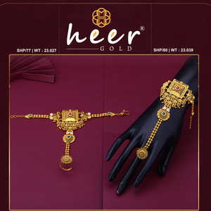 Brazalete tradicional de oro Hathphool con diseño floral intrincado y detalles de cadena para novias - Product Image 2