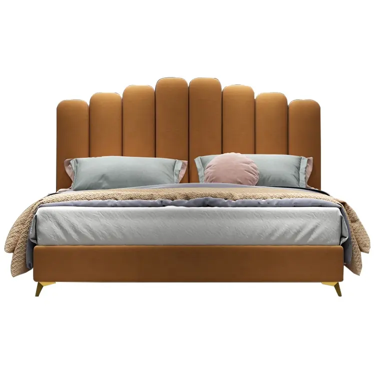 高級美容ベッド家具デザインキングサイズベッドオレンジベルベットベッド無垢材フレームハイバックボード