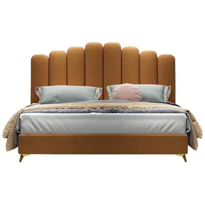 Luxe Beauty Bed Meubels Ontwerpen Kingsize Bed Oranje Fluwelen Bed In Massief Houten Frame Met Hoge Bord