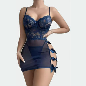 Blauwe sexy lingerie bodysuit set voor dames met strikdetail, stevige controle, hoogwaardige mesh kant, luxe femme. - Product Image 1
