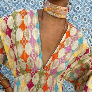 ชุดเดรสผู้หญิงทรงเอแขนสั้นพิมพ์ลายดิจิตอลคอวีเซ็กซี่แฟชั่น - Product Image 5