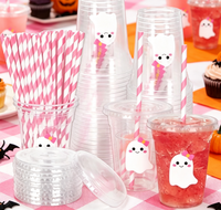 Lot de gobelets jetables en plastique PET avec couvercles et pailles – Adorables gobelets effrayants pour les fournitures de fête d'Halloween et d'anniversaire