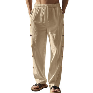 Pantalones de Lino para Hombre, Cintura Elástica con Cordón, Botones Laterales, Color Sólido, Corte Recto Informal, Transpirables, para Uso Diario - Product Image 3
