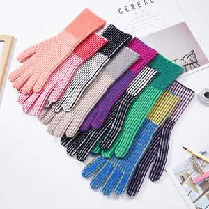 Adultes hommes femmes étudiants cadeaux de vacances d'hiver coupe-vent rayé poignet couverture longue acrylique tricoté fendu cinq doigts main gants