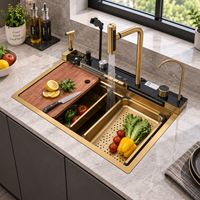 Évier de cuisine multifonctionnel en acier inoxydable doré avec robinet extractible cascade, rince-verre et panier d'égouttage pour planche à découper