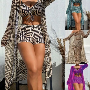 New European and American Style Best-selling Women's Three-piece Set: High-Waisted <b>Boxer</b> Swim <b>Trunks</b> & Split Swim Top Bikini - Product Image 1