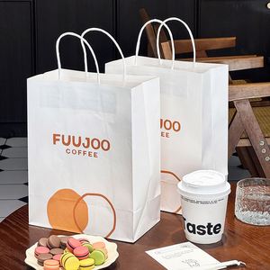 Custom <b>White</b> Cardboard Kraft Handles Eco-Friendly Disposable Biodegradable Recyclable Takeaway <b>Paper</b> <b>Bags</b> for Coffee - Product Image 5