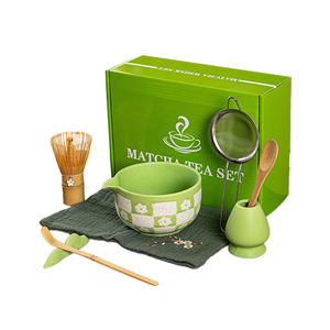 Ensemble de thé matcha de style japonais 8 pièces, bol en céramique verte avec bec verseur, boîte colorée Bai Ben Li, motif écossais transfrontalier fleurs de cerisier pour le thé - Product Image 5