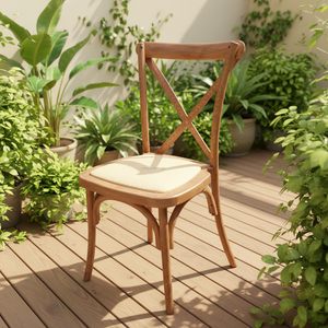 Chaise à dossier croisé en PP imitation bois avec assise style rotin, empilable, pour restaurant, mariage, événement, solution de sièges pour salle à manger - Product Image 1