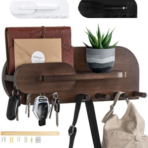 Wooden Key Rack Solid Wood Mail Organizer <b>Wall</b> <b>Mounted</b> Hat Bag Hooks Entryway Storage <b>Shelf</b> - Product Image 5