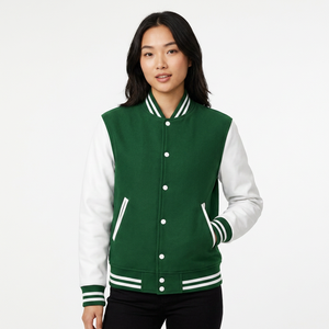 Chaqueta Varsity Verde y Blanca 100% Lana, Estilo Preppy, Cuello Camisero, Botones de Cuero Genuino, Corte Regular, Transpirable para Invierno - Product Image 1