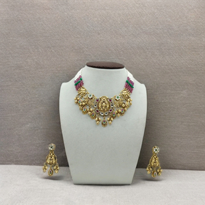 Royal Gold Tone Temple Necklace <b>Set</b> with Multicolor <b>Beaded</b> Strands and Matching Dangle Earrings for Wedding and Festive Wear - Product Image 4