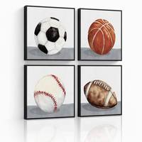 Lot de 4 tableaux encadrés sur toile avec ballons sportifs, cadre noir, aquarelle, football, basketball, baseball, ensemble pour salle de jeux