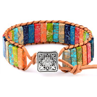 Bohemia Handmade Tube Emperor Natural Stone Beads Braided Leather Wrap 7 Chakra Bracelet