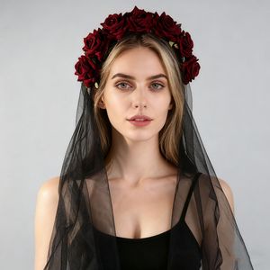 European American <b>Black</b> Skull Mesh Veil Simulation <b>Rose</b> Lace Edge Accessories Halloween Birthday Holiday Headband Costume - Product Image 1
