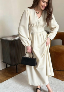 Robe longue crème à col en V et manches longues avec boutons sur le devant - Robe élégante à taille haute et fluide pour femme - Product Image 2