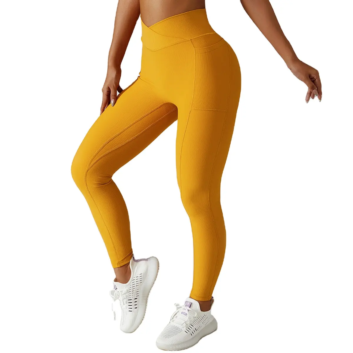 Hot Koop Leggings Met Zakken Vrouwen Hoge Taille Rib Gebreide Fitness Yoga Sportspanten Gym Strakke Butt Lifting Cross Taille Broek