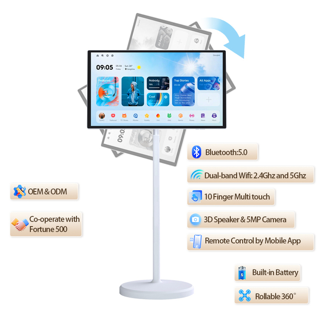 Tv Touch Screen 21.5/24/27/32 Inch LCD TV 128GB 13500mAh 32 Inch Digital Signage Smart Rolling Display Screen TV  Movable