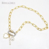 NM58867 Collier ras du cou pour femme plaqué or 18 carats avec pendentif cœur, chaîne maille trombone, fermoir mousqueton serti de zircone cubique et pendentif perle