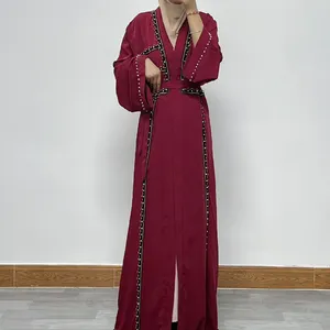 Hot Sale Fashion New Style Abaya Latest Models Muslim Embroidery Design Front Open Abaya With Belt Islamic Clothing