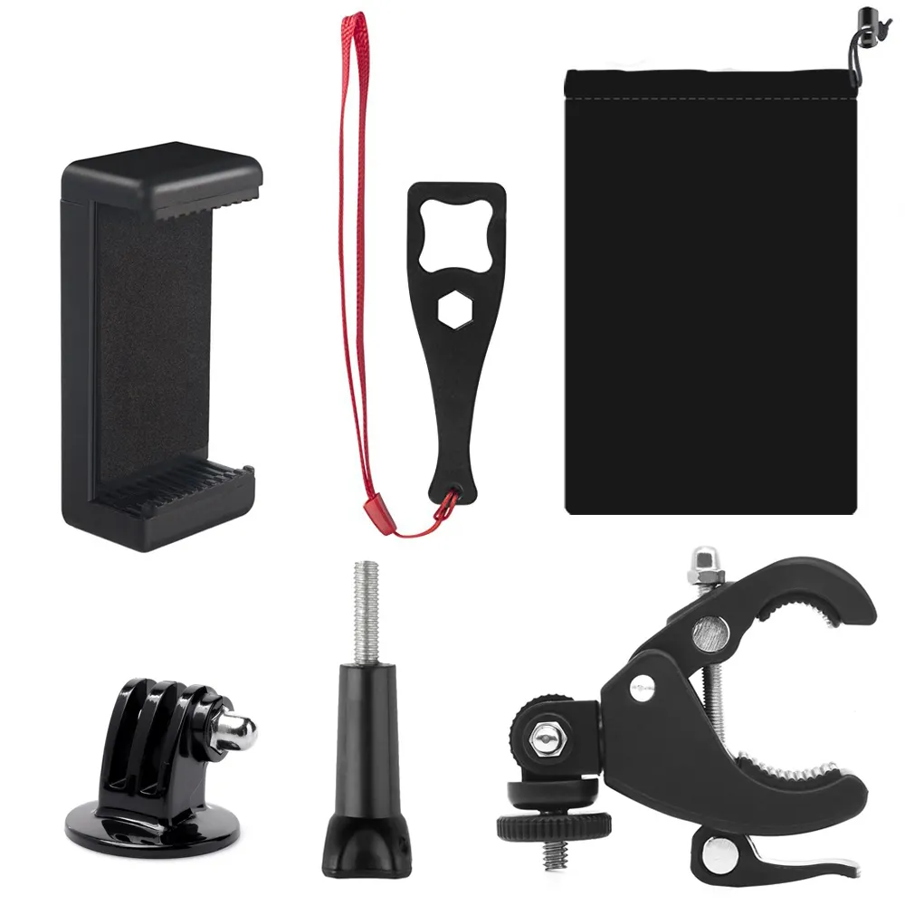 Kit braket sepeda: termasuk dudukan sepeda + kunci pas, adaptor dudukan ponsel, aksesori tas sekrup untuk Gopro Pahlawan