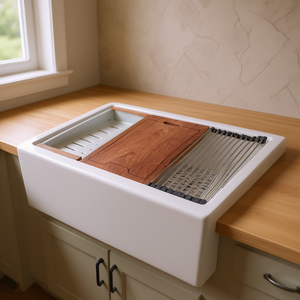 Évier de cuisine en céramique blanche à cuve unique, style ferme, 33 pouces, installation sur plan, finition mate, multifonctionnel - Product Image 2