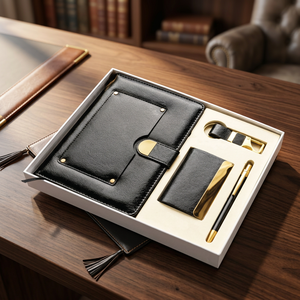 Ensemble cadeau d'affaires en cuir PU noir avec carnet, stylo, porte-cartes et porte-clés en métal - Product Image 3