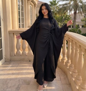 Ensemble Abaya 2 pièces musulman : Abaya à manches chauve-souris avec cordon de serrage latéral et pantalon large froncé, tenue de mode modeste islamique - Product Image 6