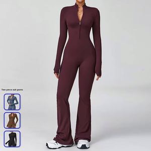 Traje Deportivo de Yoga para Mujer, Manga Larga, con Cierre, para Gimnasio, Fitness, Entrenamiento, Alta Elasticidad, con Pantalones Acampanados - Product Image 2