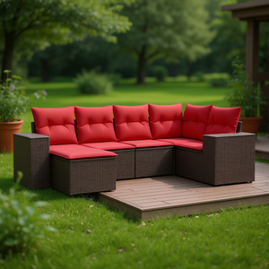 6 Piece Brown Poly Rattan <b>Garden</b> <b>Sofa</b> Set With Cushions Outdoor Furniture Contemporary Design - Product Image 2