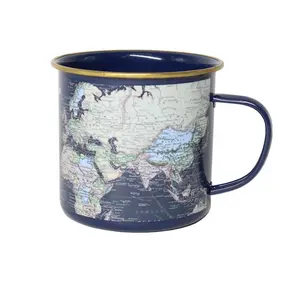 11Oz 12Oz Biru Peta Bubuk Lapisan Logam Baja Cangkir Berkemah Mug Kopi Susu dengan Pegangan