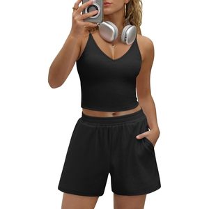 Womens Pajama Set 2 Piece Summer Outfit Crop <b>Top</b> High Waist Shorts Rib Fabric Breathable Casual Lounge Matching Set - Product Image 2