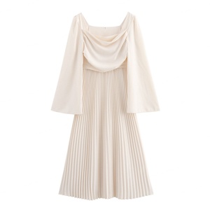 Vestido Midi Plisado Beige de Manga Larga con Cuello Cuadrado para Mujer, Estilo Casual, Cintura Natural, Transpirable, Servicio OEM Mixto para Uso Diario - Product Image 1